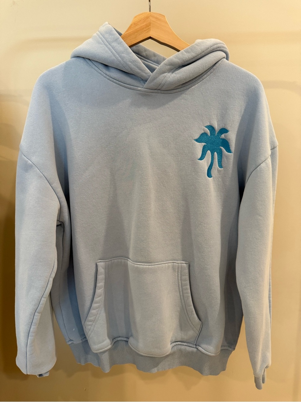 Women's Light Blue Pullover Hoodie with Teal Palm Motif